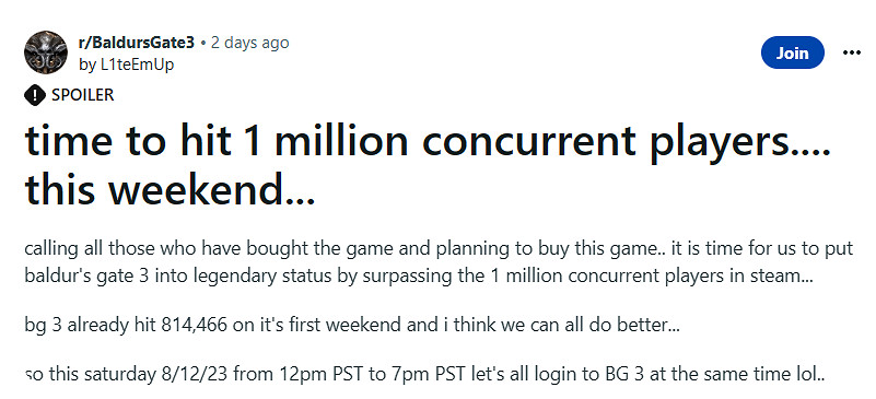 玩家號召本周末都玩《柏德之門3》 讓它破100萬線上！