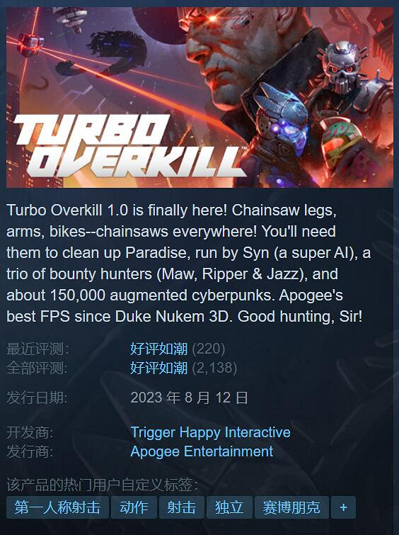 好評如潮電馭叛客FPS《Turbo Overkill》正式版上線! 好評如潮電馭叛客FPS《Turbo Overkill》正式版上線!