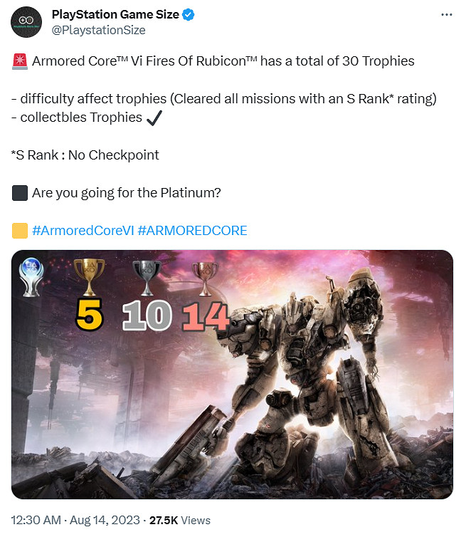 《裝甲核心6》PS版有30個獎杯！有難度杯 拿白金難了