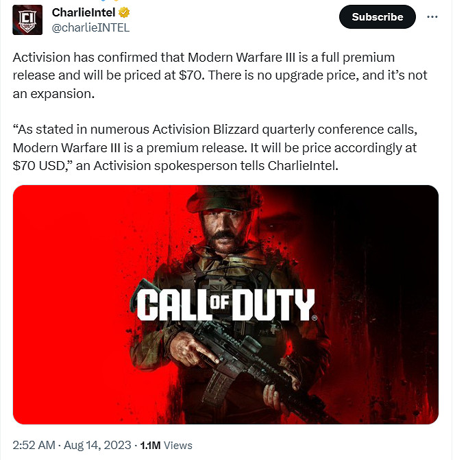 毫不意外！動視確認《決勝時刻 現代戰爭3》定價70美元