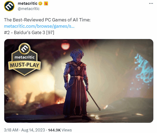 M站官方認證：《柏德之門3》成為評分最高的PC遊戲！