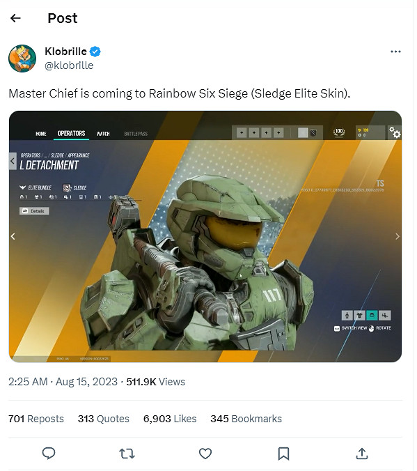 《彩六：圍攻》將與《最後一戰》連動？士官長皮膚曝光！