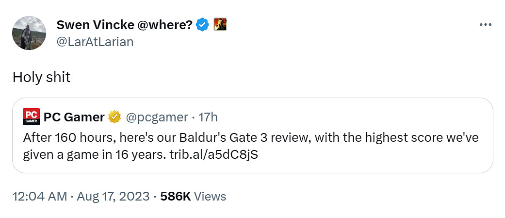 外媒稱《柏德之門3》是最偉大的RPG！打出16年來最高分