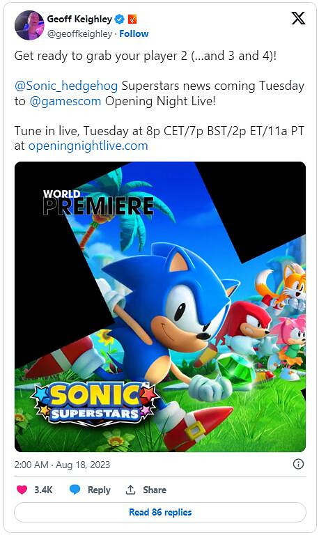 《索尼克：超級明星》確認亮相科隆遊戲展開幕之夜