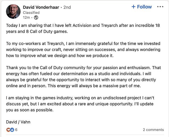 《決勝時刻》資深設計師離職暴雪 曾開發《黑色行動》 《決勝時刻》資深設計師離職暴雪 曾開發《黑色行動》