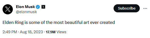 馬斯克再次稱讚《艾爾登法環》!看來他是真喜歡 馬斯克再次稱讚《艾爾登法環》!看來他是真喜歡