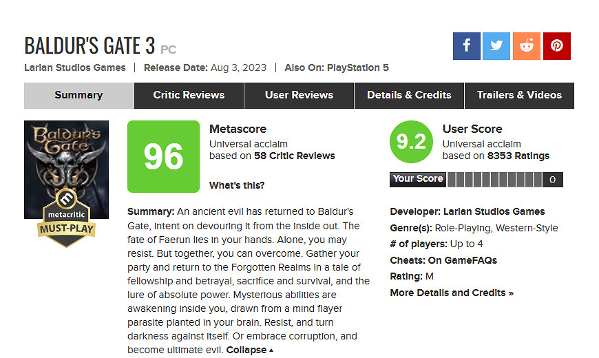 《柏德之門3》M站媒體均分降至96!不再是PC均分第一 《柏德之門3》M站媒體均分降至96!不再是PC均分第一