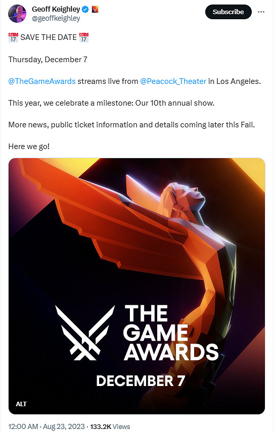 2023年TGA頒獎典禮日期公布！12月7日於洛杉磯舉辦！