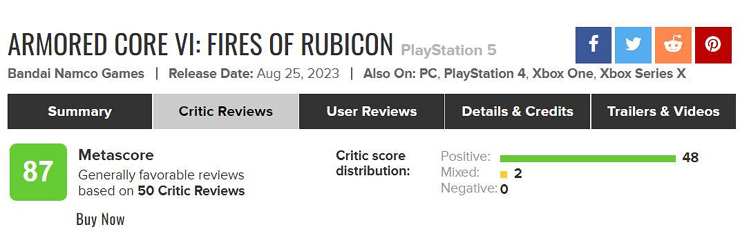 《裝甲核心6》M站評分媒體增至50家 媒體均分略有下滑