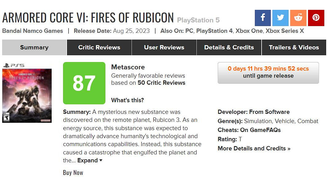 《裝甲核心6》M站評分媒體增至50家 媒體均分略有下滑