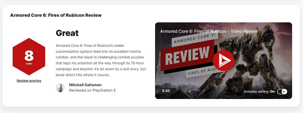 《裝甲核心6》IGN 8分:自定義系統出色 故事略顯平淡 《裝甲核心6》IGN 8分:自定義系統出色 故事略顯平淡