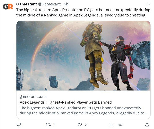 零容忍!《APEX》PC獵殺榜第一玩家因作弊被官方禁賽 零容忍!《APEX》PC獵殺榜第一玩家因作弊被官方禁賽