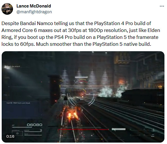 《裝甲核心6》在PS5運行PS4版本比PS5原生版本流暢