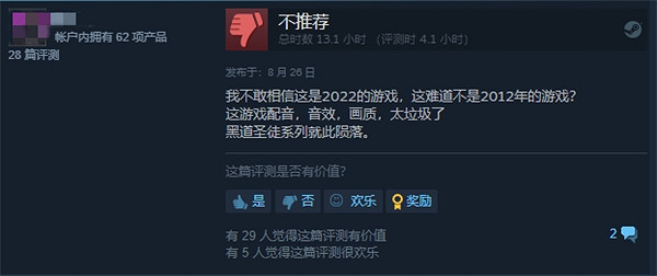 為情懷買單!《黑街聖徒：重啟版》Steam評價褒貶不一