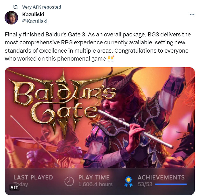 玩家完成《柏德之門3》全成就!遊玩時長超1600小時! 玩家完成《柏德之門3》全成就!遊玩時長超1600小時!