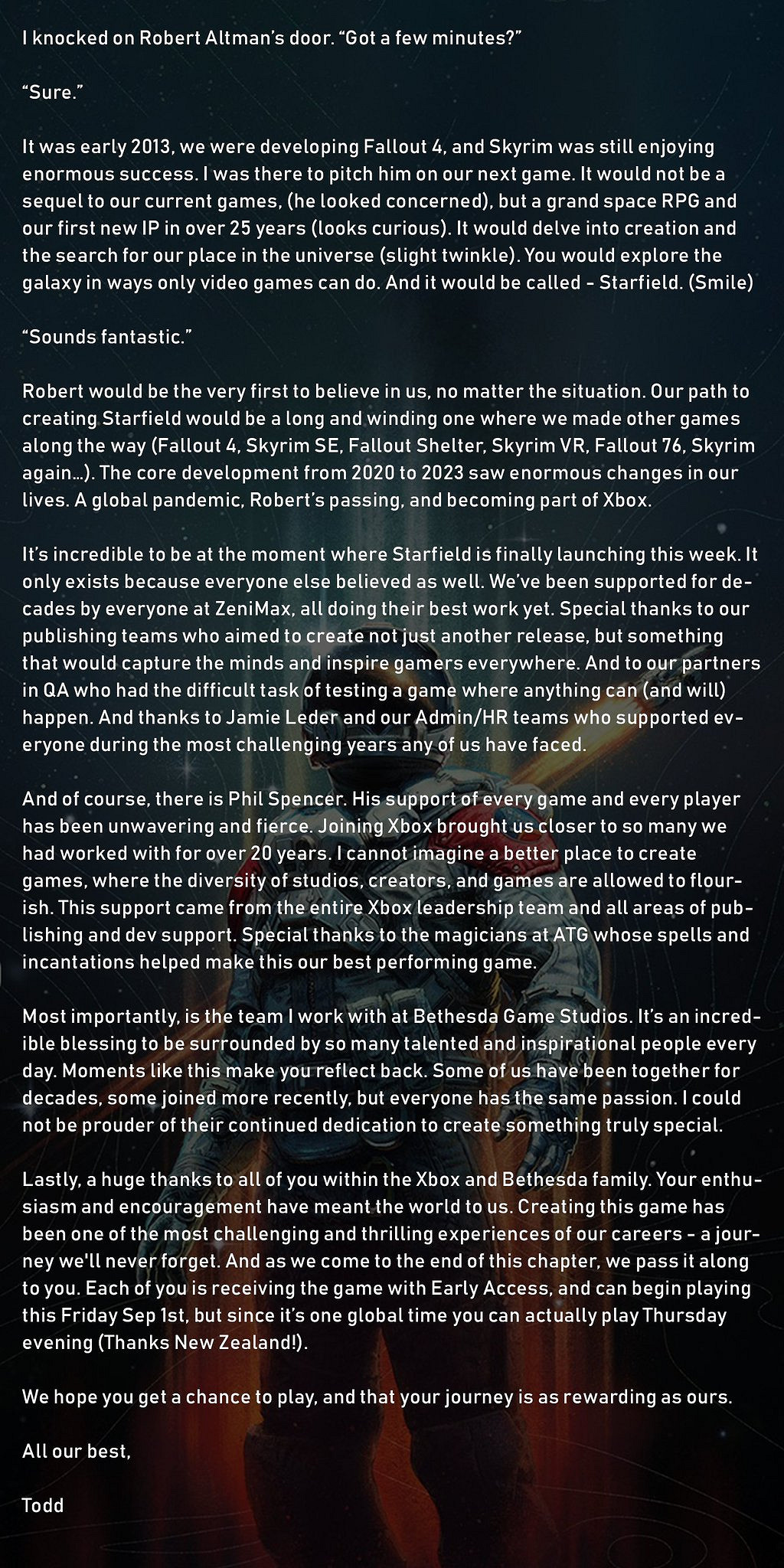 陶德致信Xbox和B社全體員工!免費送他們《星空》! 陶德致信Xbox和B社全體員工!免費送他們《星空》!