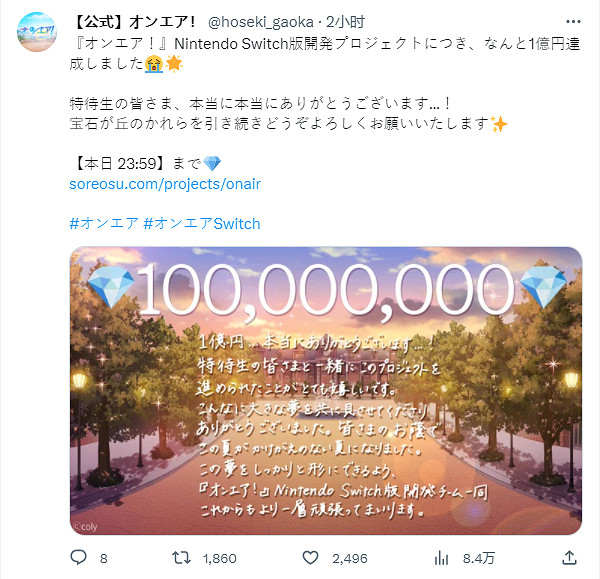 《ON AIR！》Switch版眾籌目標金額達到1億日元！