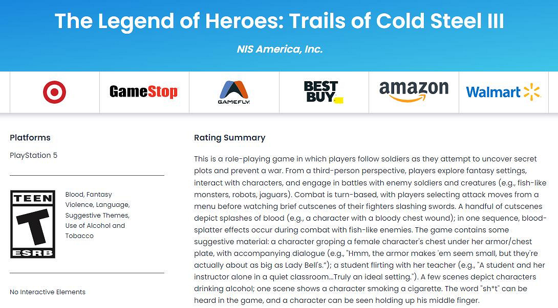 PS5版《閃之軌跡3》《閃之軌跡4》喜迎ESRB評級! PS5版《閃之軌跡3》《閃之軌跡4》喜迎ESRB評級!