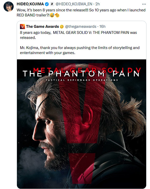 《潛龍諜影5》發售8周年 小島感歎:預告已經發布了十年 《潛龍諜影5》發售8周年 小島感歎:預告已經發布了十年