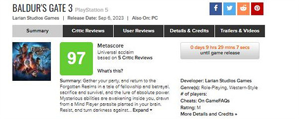 晚報：《柏德之門3》PS5版評分 V社掌機8月熱門遊戲