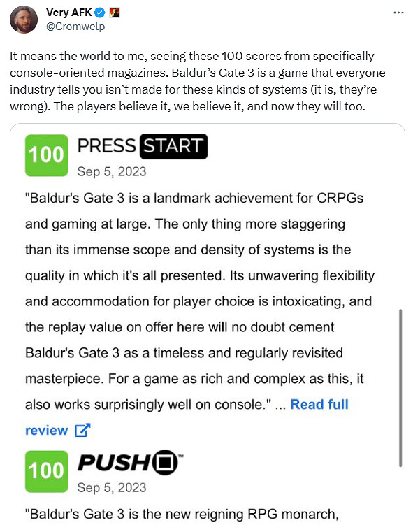 主機雜誌給《柏德之門3》PS5版打滿分！發行總監很感動