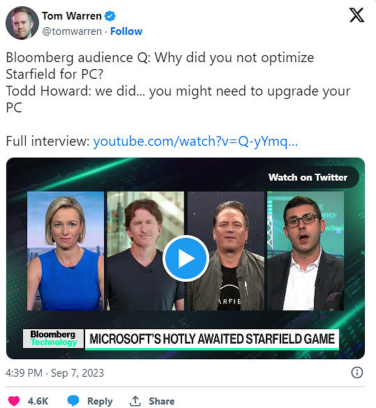 陶德採訪中回應《星空》PC優化問題：你需要升級電腦