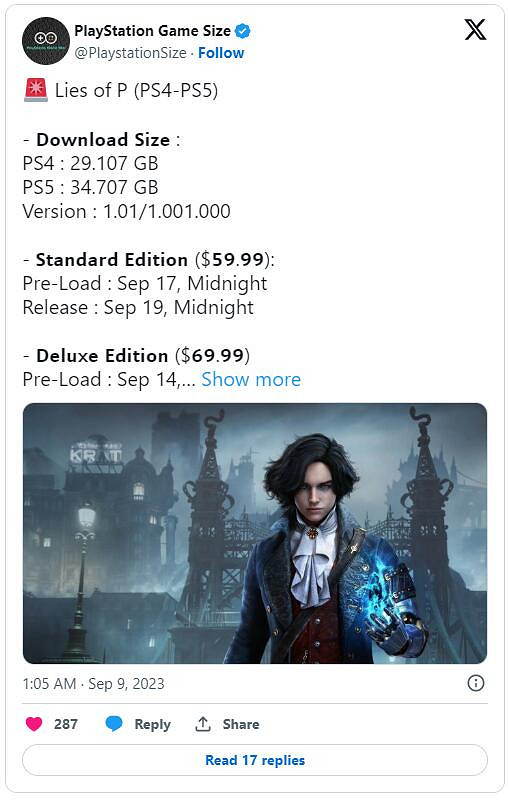 《P 的謊言》PS5/PS4版容量大小和預載時間公布