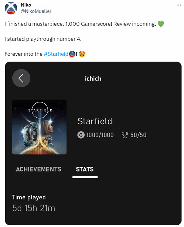 玩家花費135小時達成《星空》全成就！並給出滿分讚譽