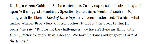華納兄弟CEO稱:想擴大旗下《哈利波特》等IP的影響力!