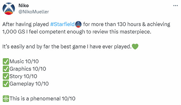 玩家花費135小時達成《星空》全成就！並給出滿分讚譽