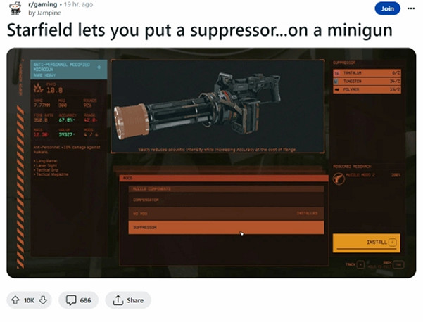 震驚我一萬年！《星空》加特林甚至可以安裝消音器！