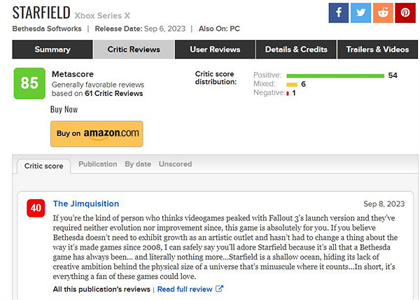 《星空》發售後M站首次遭媒體差評 網友：太犀利了！