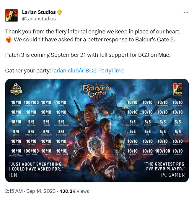 《柏德之門3》媒體讚譽圖公布!一整頁的滿分 太強了 《柏德之門3》媒體讚譽圖公布!一整頁的滿分 太強了