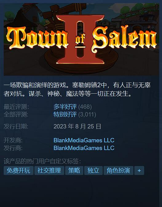 Steam好評狼人殺遊戲《塞勒姆小鎮2》已變為免費開玩 Steam好評狼人殺遊戲《塞勒姆小鎮2》已變為免費開玩