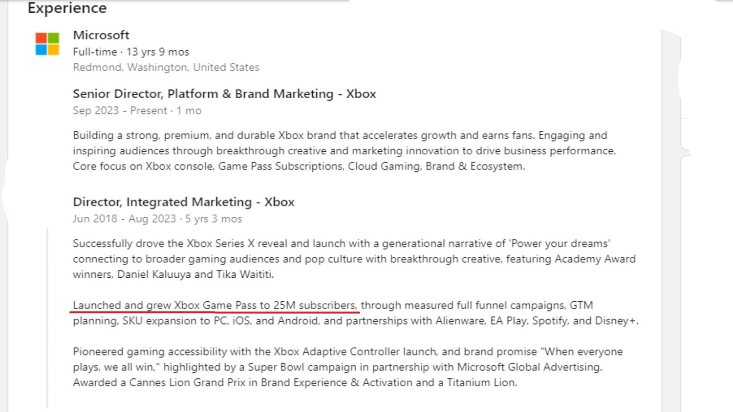 Xbox高層將個人領英頁面 Xbox Game Pass (XGP) 訂閱人數修正為2500萬 Xbox高層將個人領英頁面 Xbox Game Pass (XGP) 訂閱人數修正為2500萬