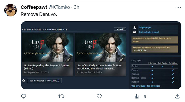 玩家呼籲《P 的謊言》移除D加密!學學《劫薪日3》 玩家呼籲《P 的謊言》移除D加密!學學《劫薪日3》