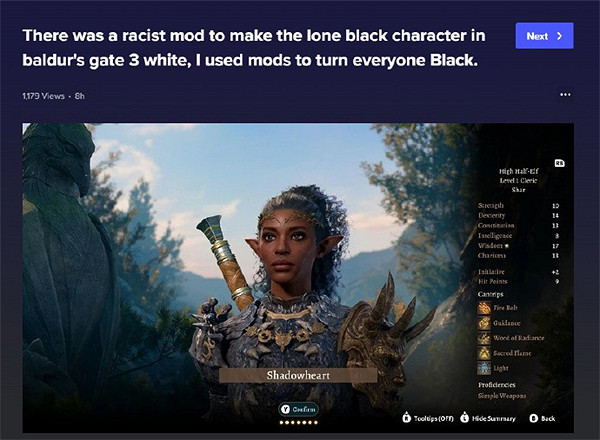 《博德3》白人Mod被移除 玩家反擊：將所有角色變黑人