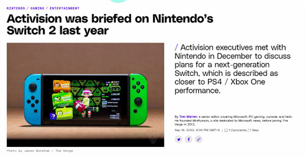 外媒曝料:暴雪曾和任天堂討論Switch2 性能接近PS4/X1 外媒曝料:暴雪曾和任天堂討論Switch2 性能接近PS4/X1