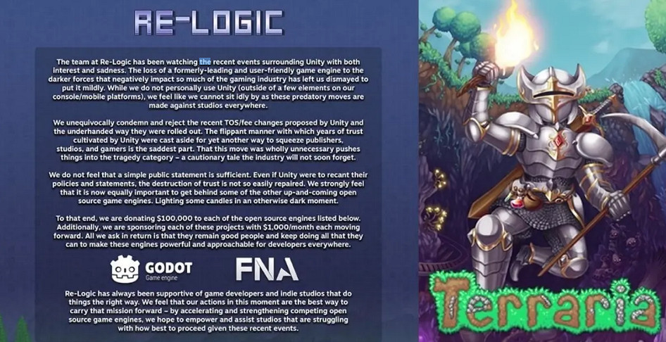 《泰拉瑞亞》開發商痛批Unity!官宣給新遊戲引擎捐款 《泰拉瑞亞》開發商痛批Unity!官宣給新遊戲引擎捐款