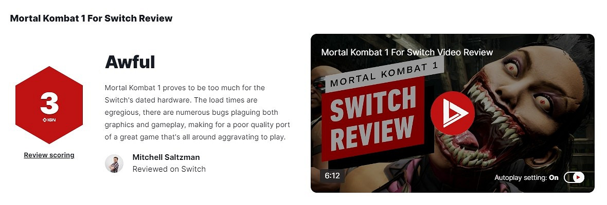 《真人快打1》Switch版獲IGN 3分 遊戲體驗過於糟糕了! 《真人快打1》Switch版獲IGN 3分 遊戲體驗過於糟糕了!