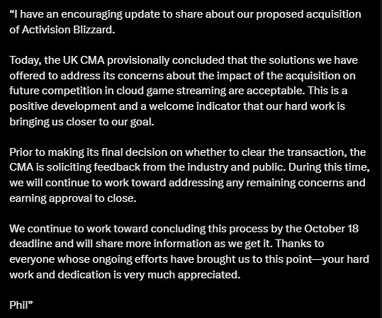 CMA批准收購後Xbox負責人斯賓塞很開心 發郵件通知員工