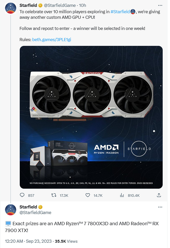 慶祝《星空》玩家數破1000萬 官推抽AMD限定顯卡+CPU