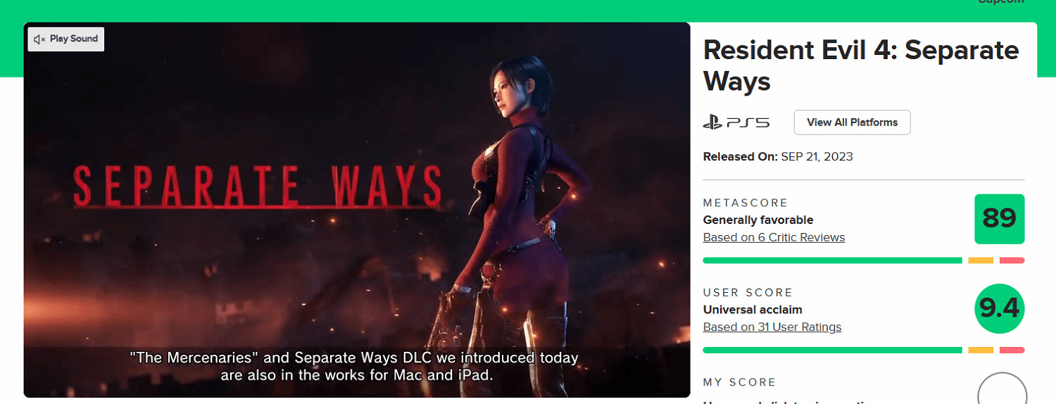 《惡靈古堡4》DLC“逆命殊途”M站使用者評分高達9.4分