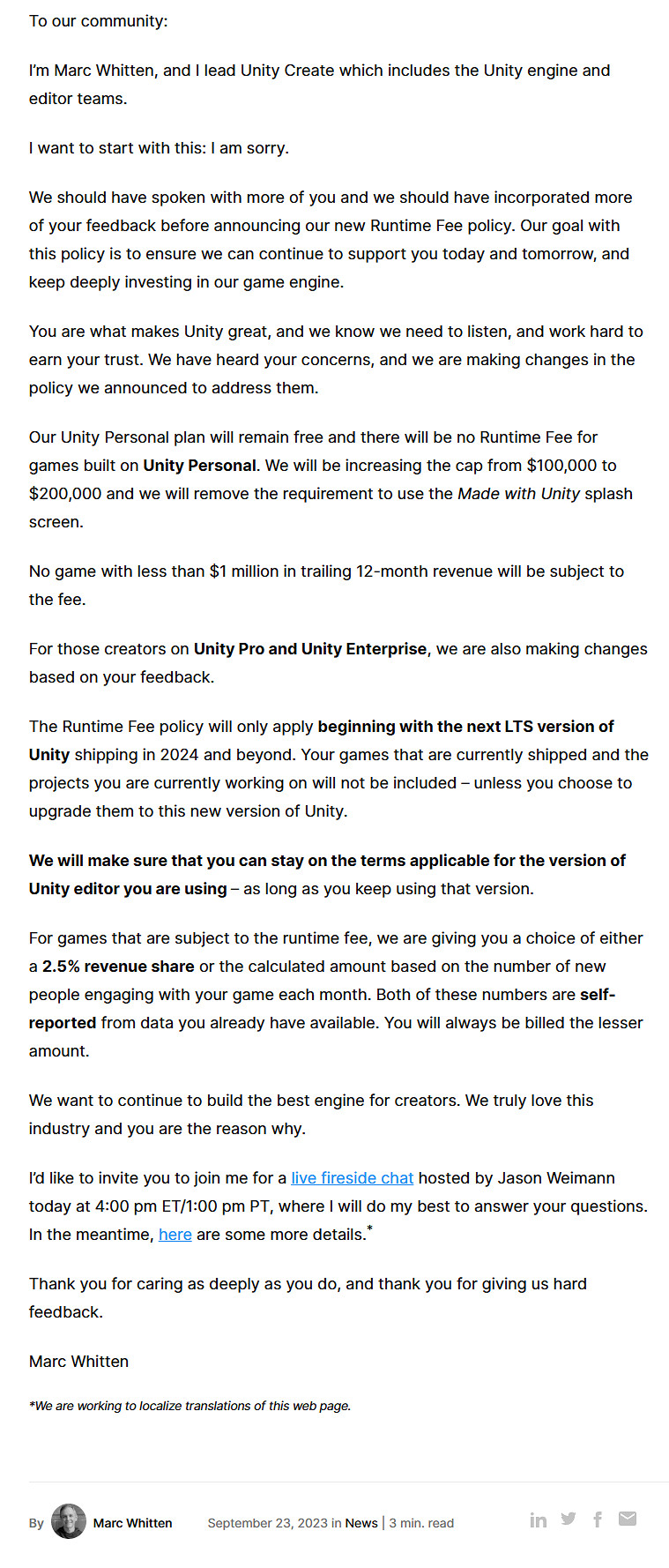 早報:Unity道歉並宣布新收費政策+劫薪日3多半差評 早報:Unity道歉並宣布新收費政策+劫薪日3多半差評