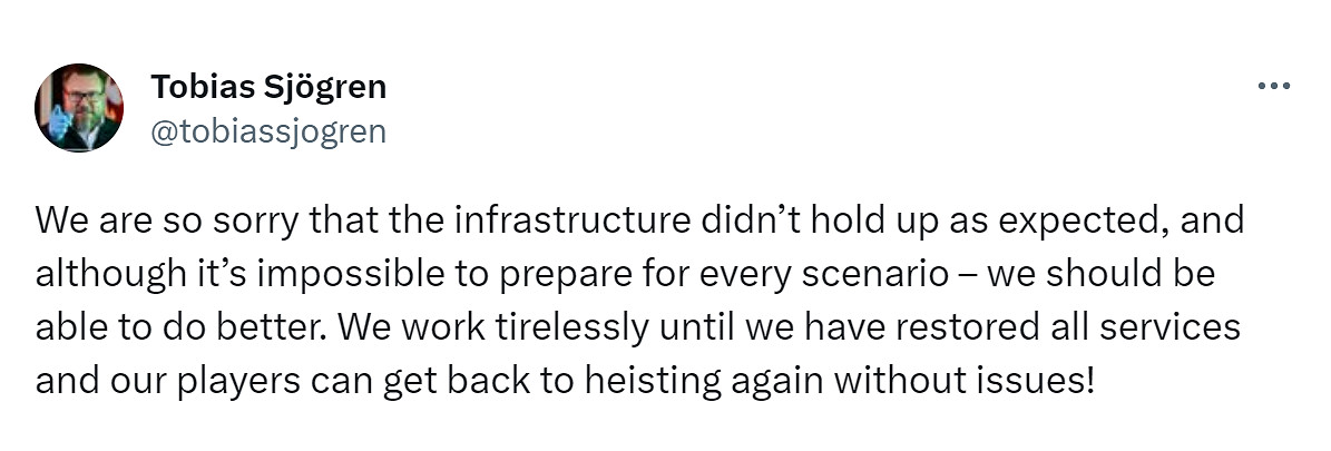 《劫薪日3》官方為首發災難道歉 承諾加班加點修伺服器