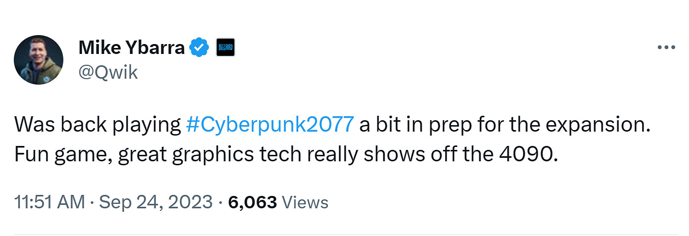 暴雪總裁重玩《2077》稱讚2.0版本展現了4090真正實力 暴雪總裁重玩《2077》稱讚2.0版本展現了4090真正實力