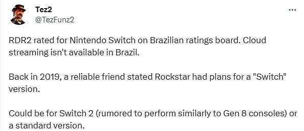 曝Switch版《荒野大鏢客2》是原生版本 而非雲遊戲