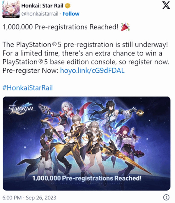 萬眾矚目！PS5版《崩壞：星穹鐵道》預約突破100萬！