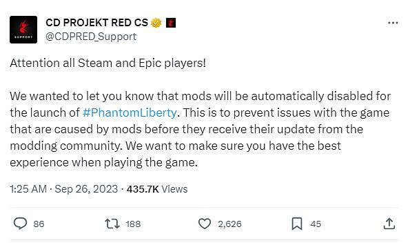 為確保“往日之影”順利運行 《2077》MOD被官方禁用 為確保“往日之影”順利運行 《2077》MOD被官方禁用