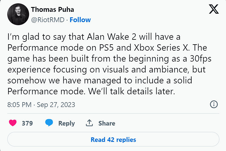 支援60幀暢玩!《心靈殺手2》主機平台具有性能模式! 支援60幀暢玩!《心靈殺手2》主機平台具有性能模式!